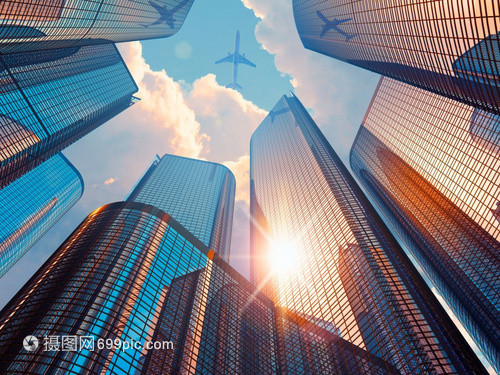 商業公司建筑玻璃反射在高樓大廈中